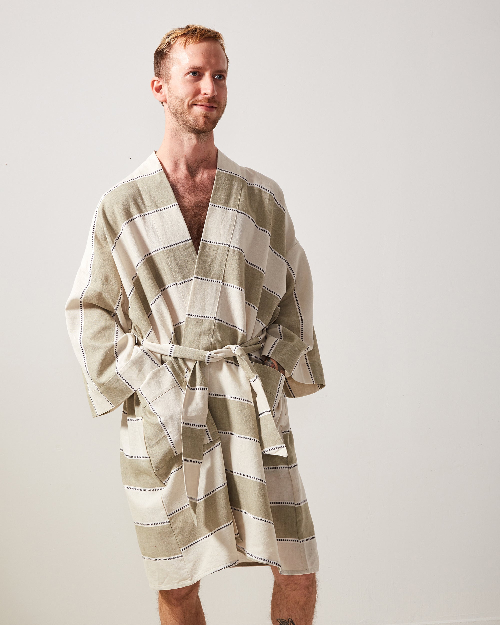 Ethically handwoven robe designed by MINNA, sage green stripes.