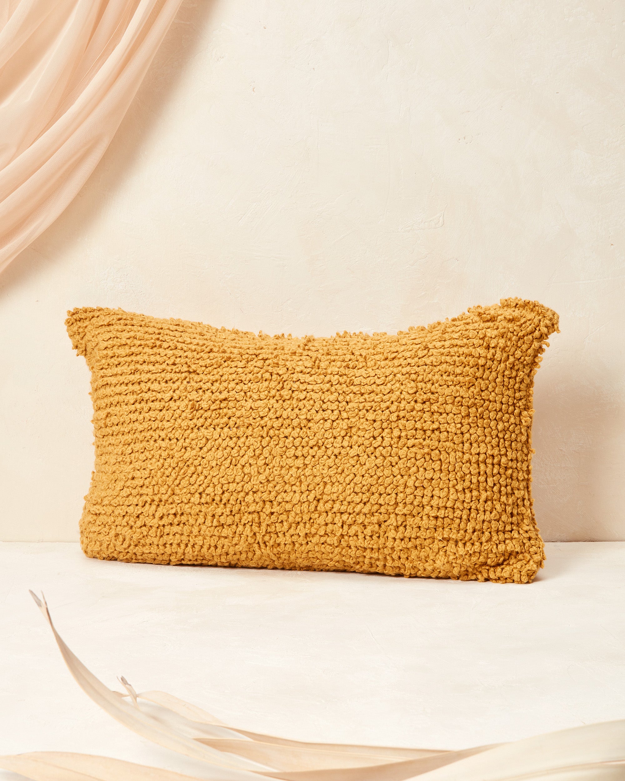 Ethically handmade, hand knit GOTS-certified organic cotton decorative throw pillow. MINNA Cloud pillow in Goldenrod.