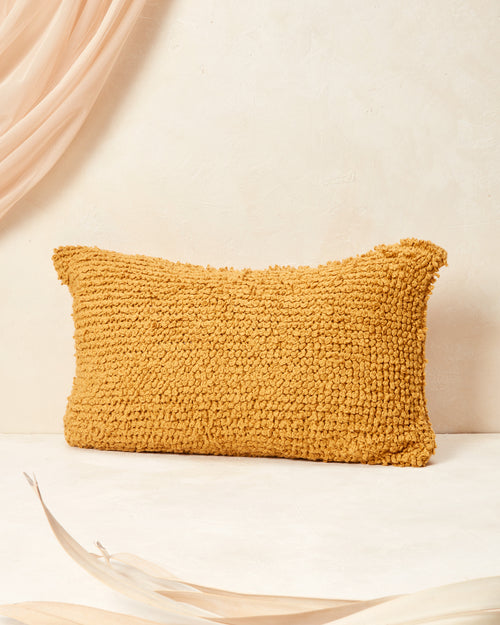 Ethically handmade, hand knit GOTS-certified organic cotton decorative throw pillow. MINNA Cloud pillow in Goldenrod.