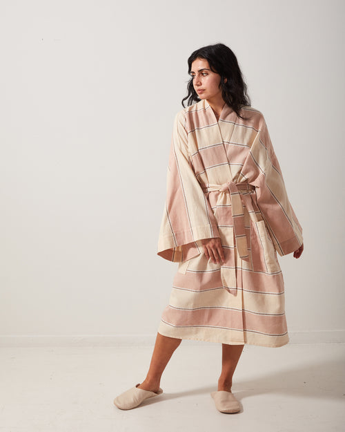 ethically handwoven cotton bath robe by MINNA in peach, clay colored stripes.