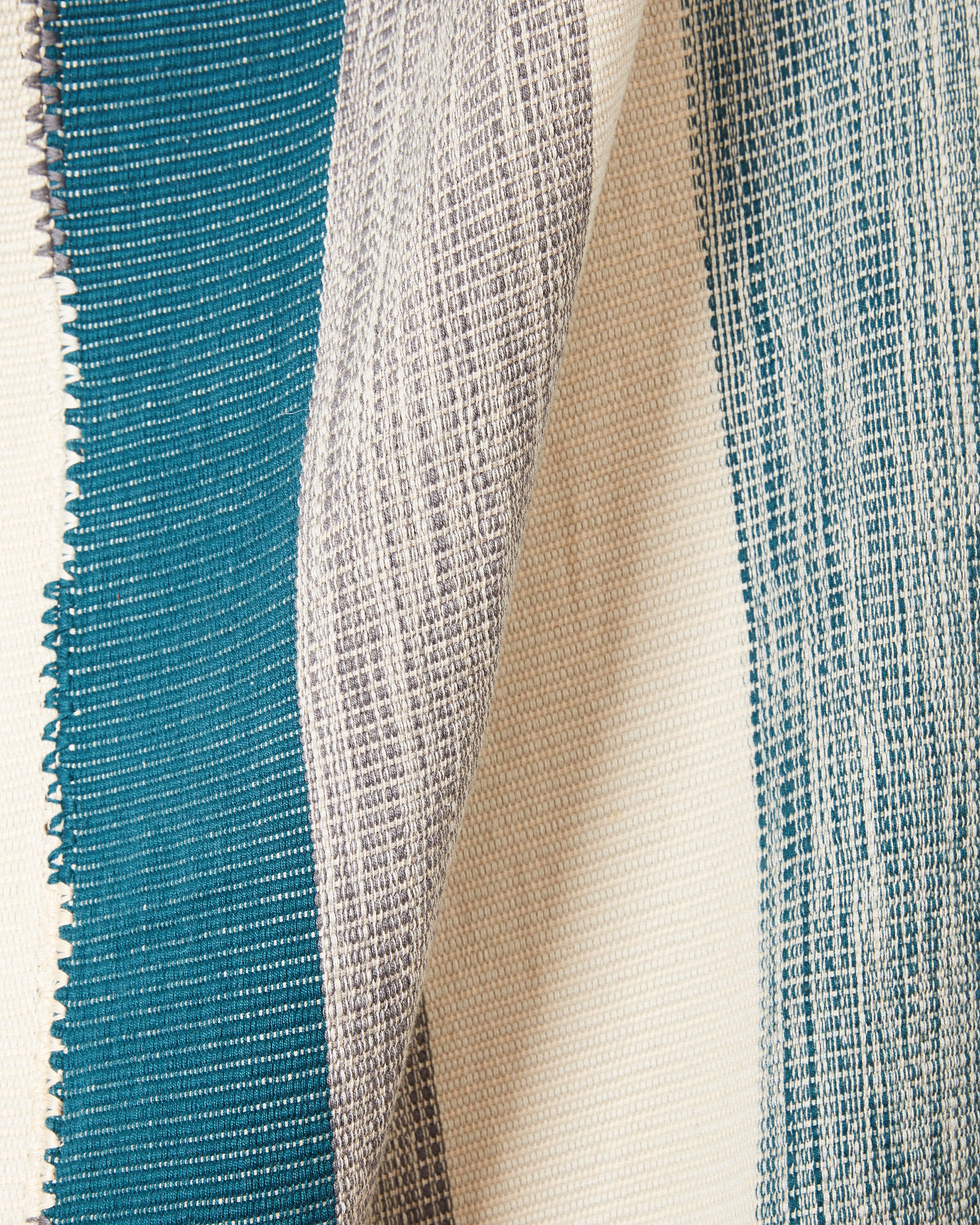 close-up ethically handwoven oeko-tex cotton backstrap Pantelho throw cerulean, teal, sage