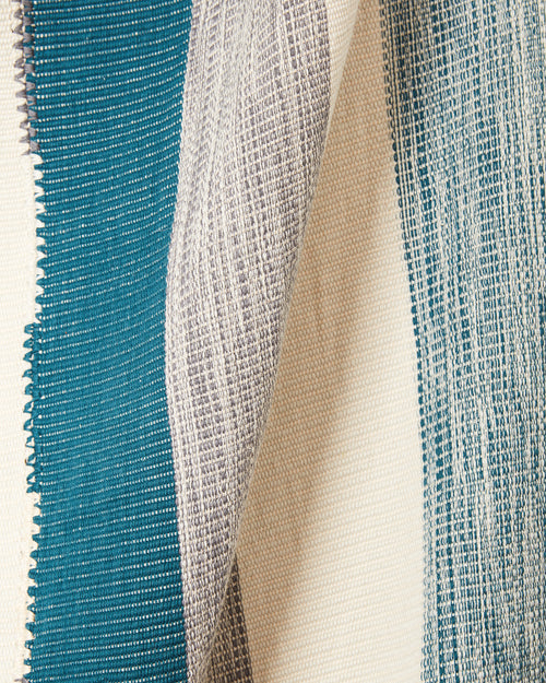 close-up ethically handwoven oeko-tex cotton backstrap Pantelho throw cerulean, teal, sage