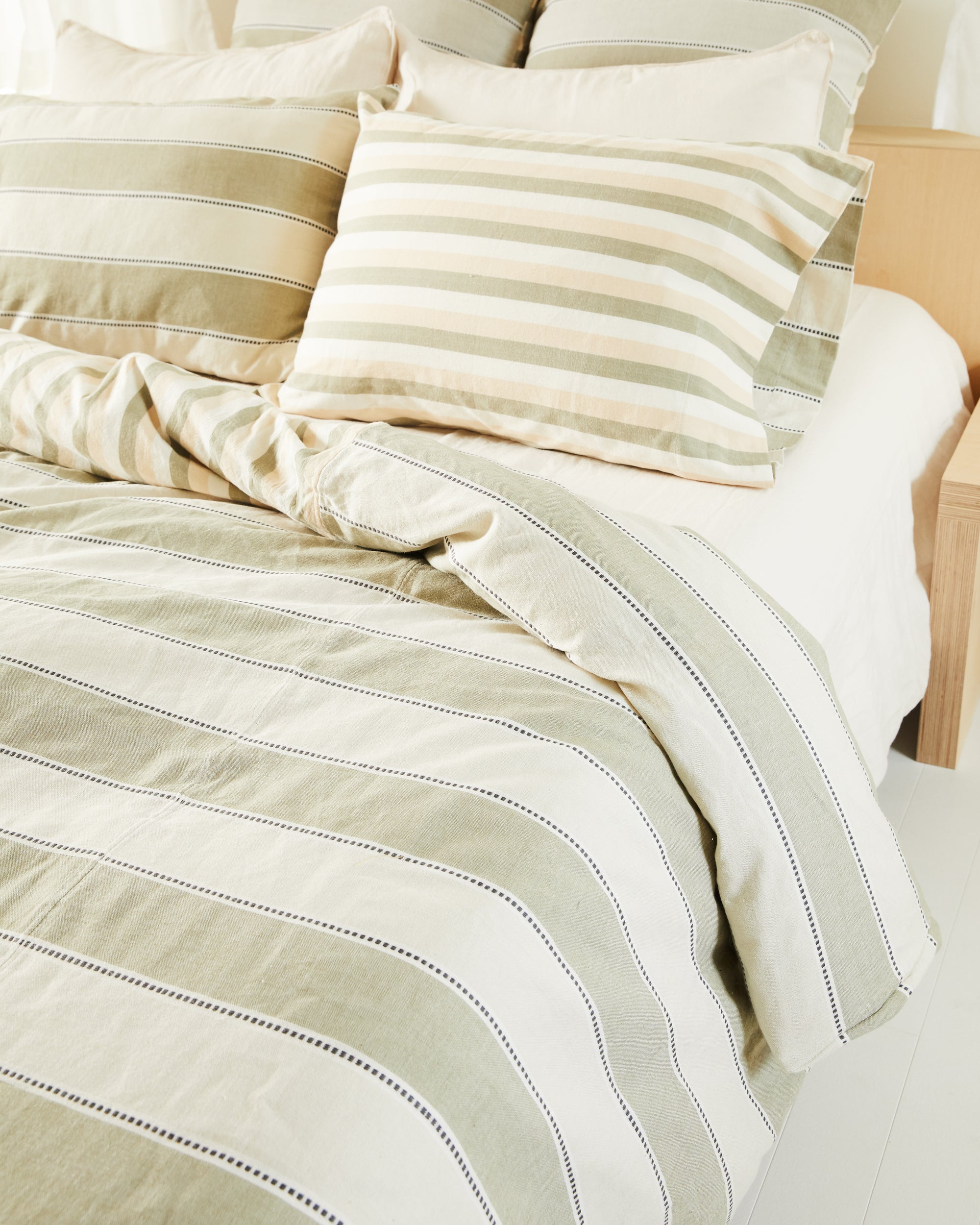 Ethically handwoven oeko-tex certified cotton MINNA duvet cover, sage green stripes