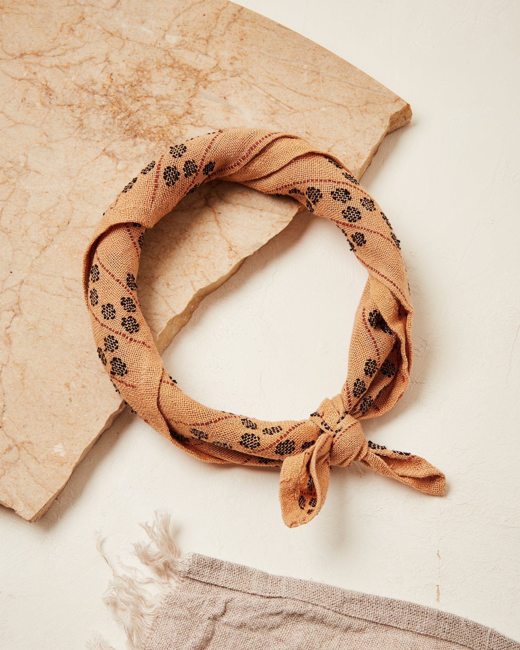 Ethically backstrap handwoven cotton stylish bandana, beige with black dotes, sustainable fashion