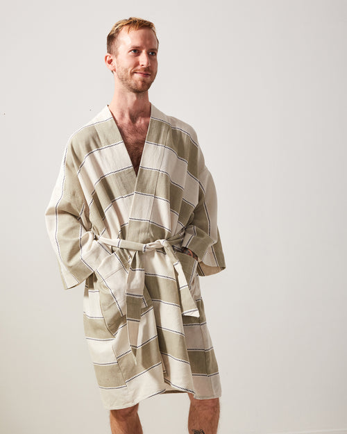 Ethically handwoven robe designed by MINNA, sage green stripes.