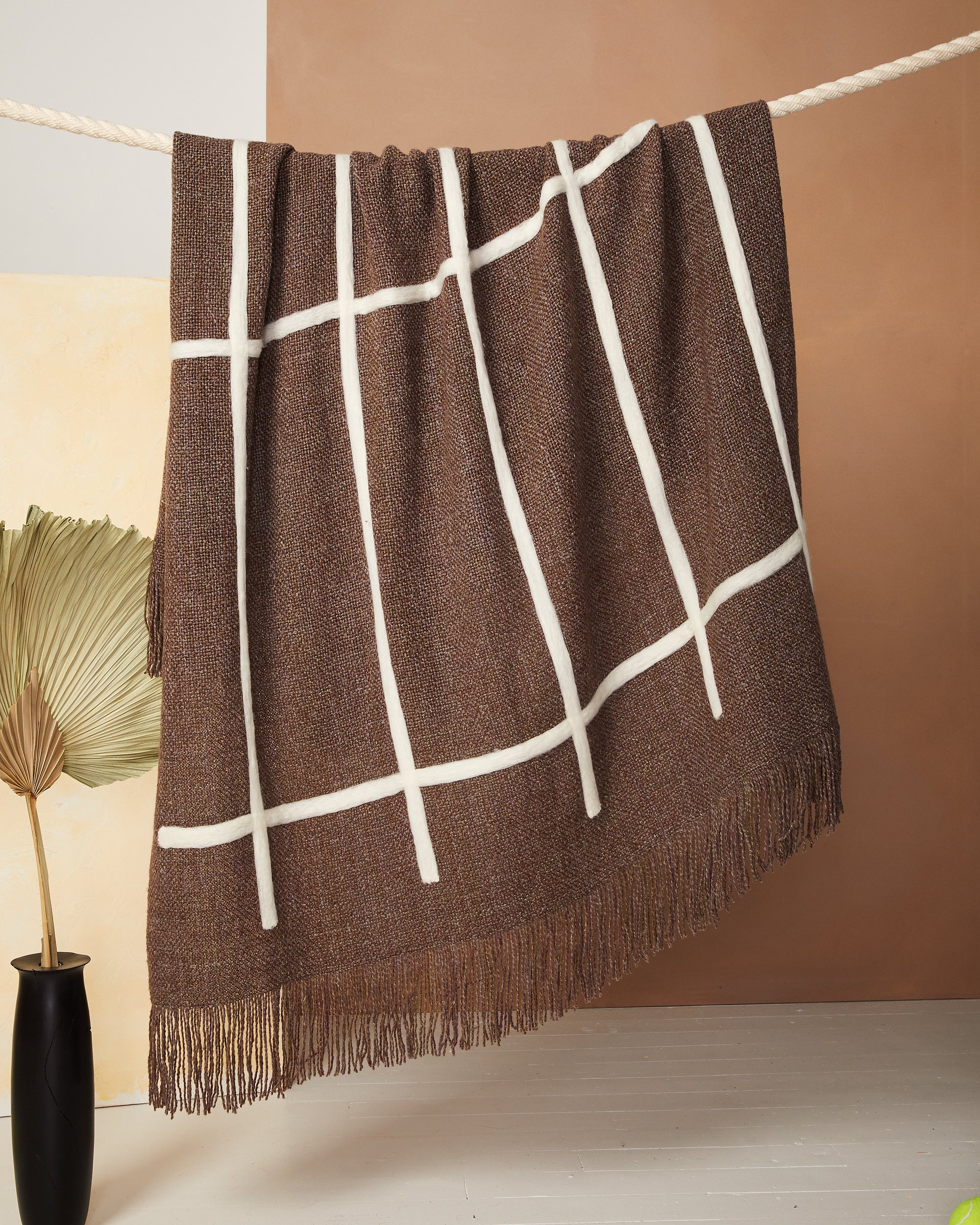 Ethically handwoven and needle felted Merino MINNA Ladder Throw in Brown