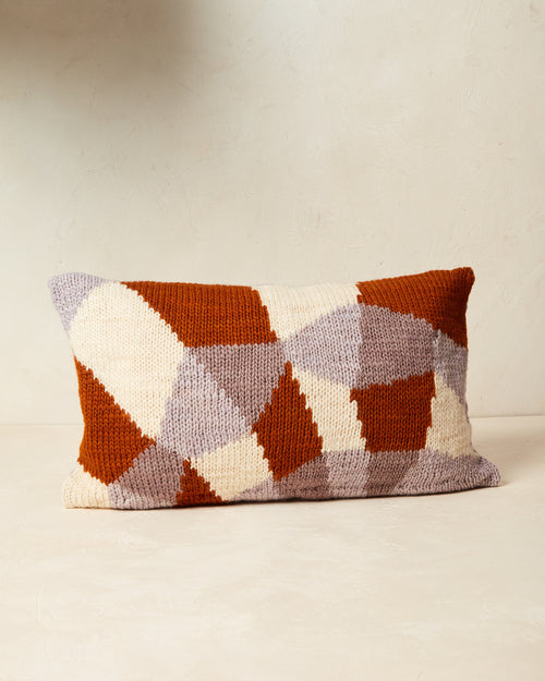 Ethically made knit graphic pillow in lavendar and rust by MINNA
