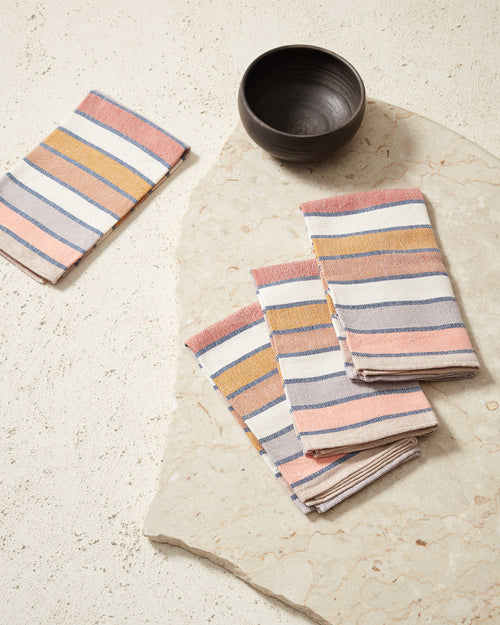Ethically handwoven striped napkins, gold, coral, rust, lavendar