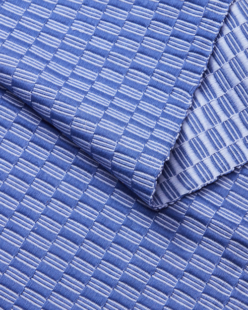 close-up detail ethically handwoven MINNA Panalito Iris blue table runner.