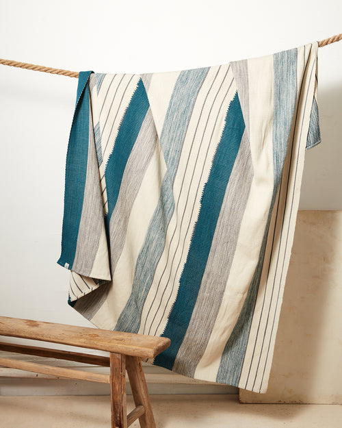 MINNA ethically backstrap handwoven cotton blanket with blue, teal, cerulean, sage stripes