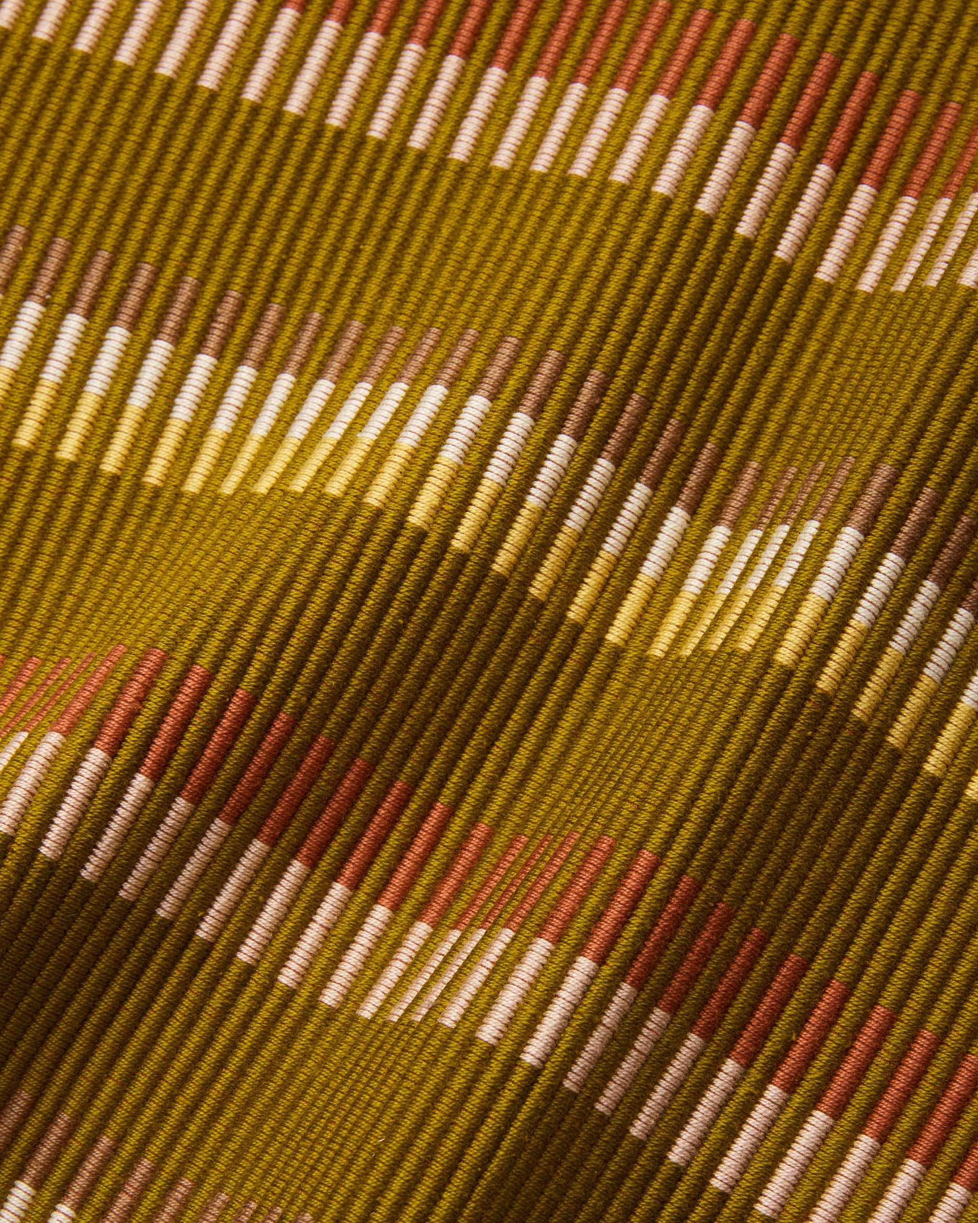 Handwoven close-up texture of MINNA's Ridges Placemat in Starling, ethically handwoven olive green, rust, yellow