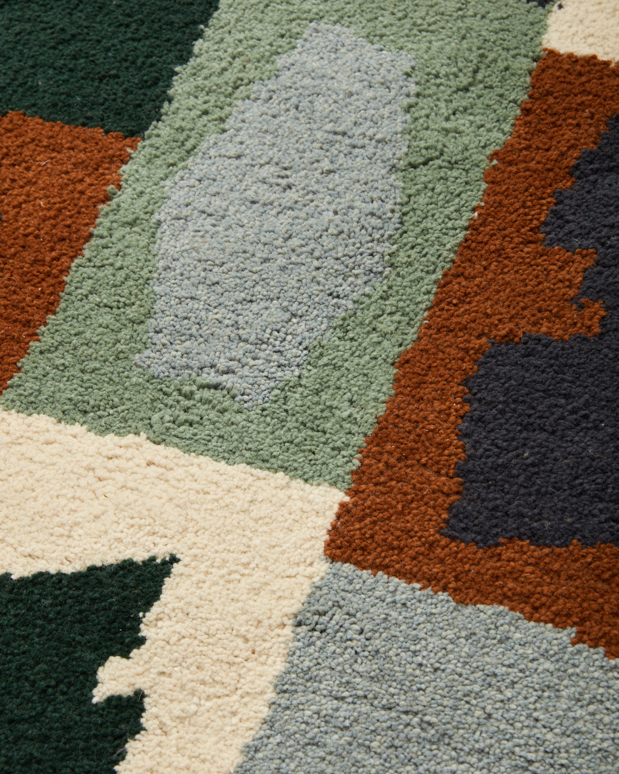 close up detail of MINNA handwoven pile Vessels Rug in Hunter Green, Sage, Rust, Indigo, Cream