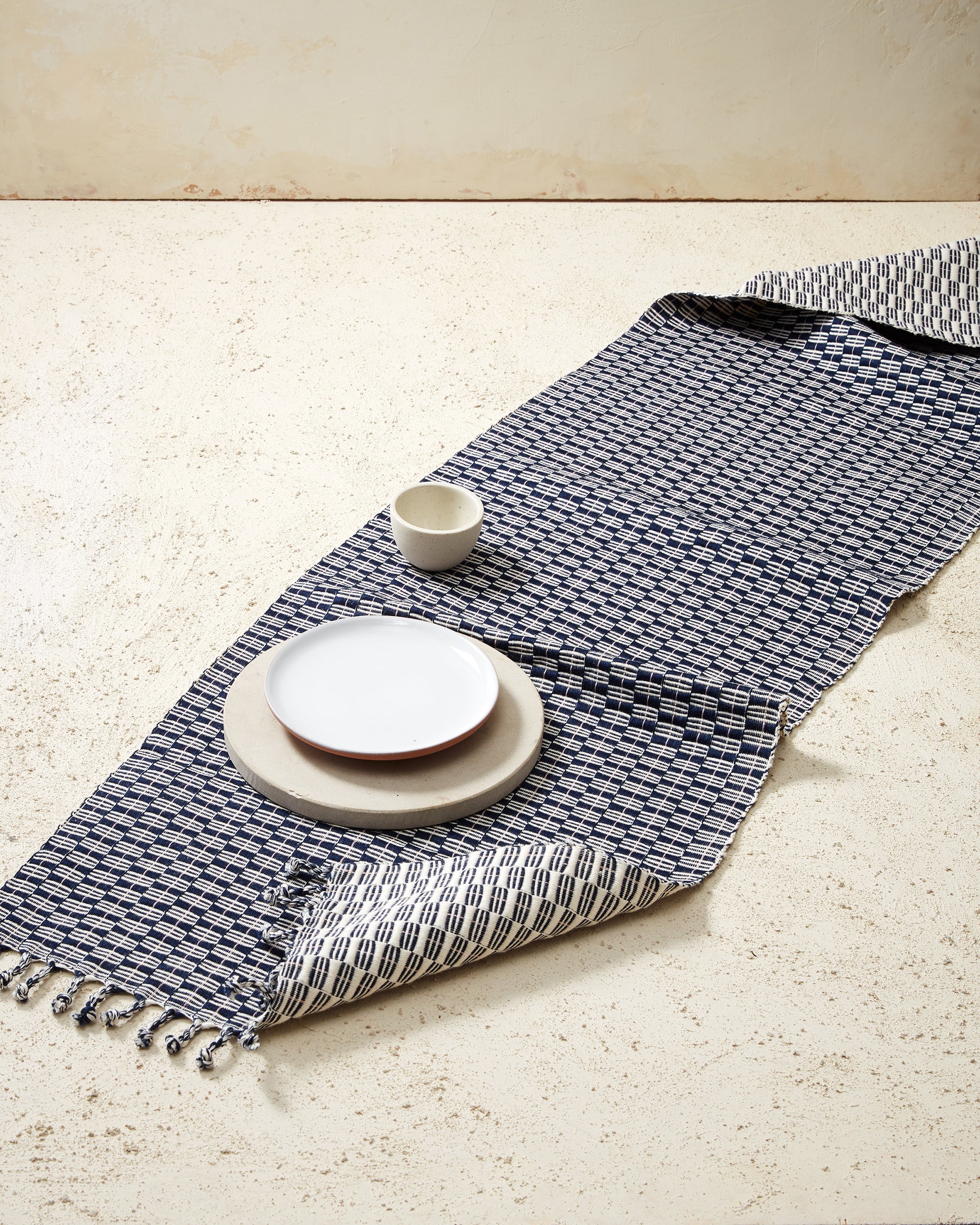 Ethically handwoven cotton MINNA table runner indigo, blue
