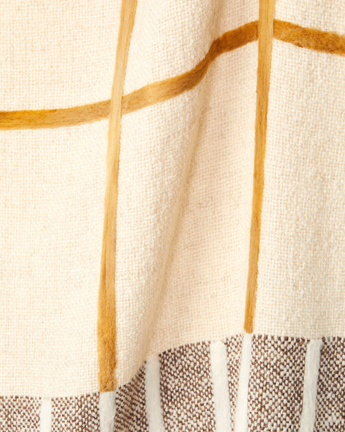 close-up detail of ethically handwoven fair trade certified throw blanket with felted merino stripe details