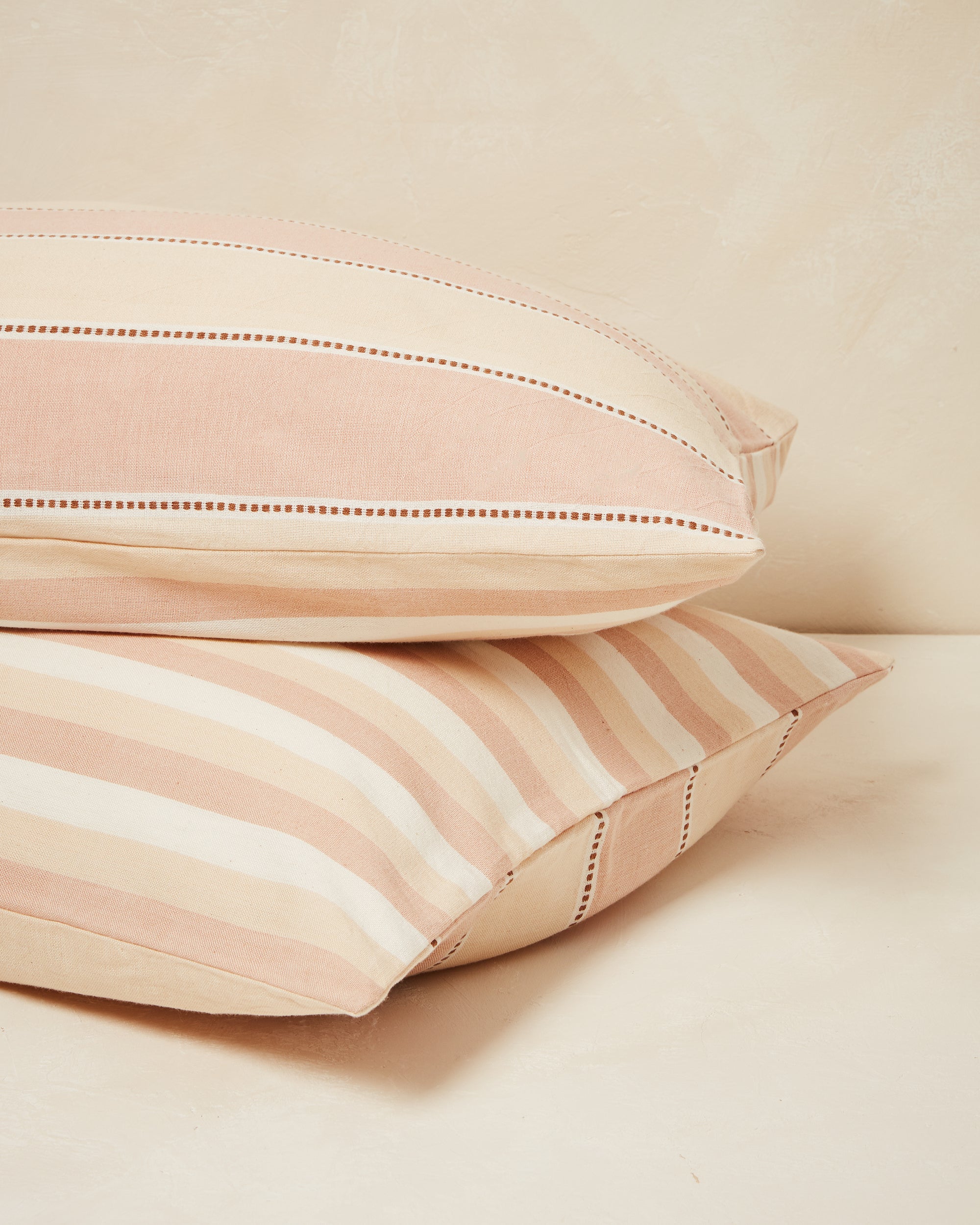 Ethically handwoven oeko-tex certified cotton MINNA pillowcases, cream and clay stripes
