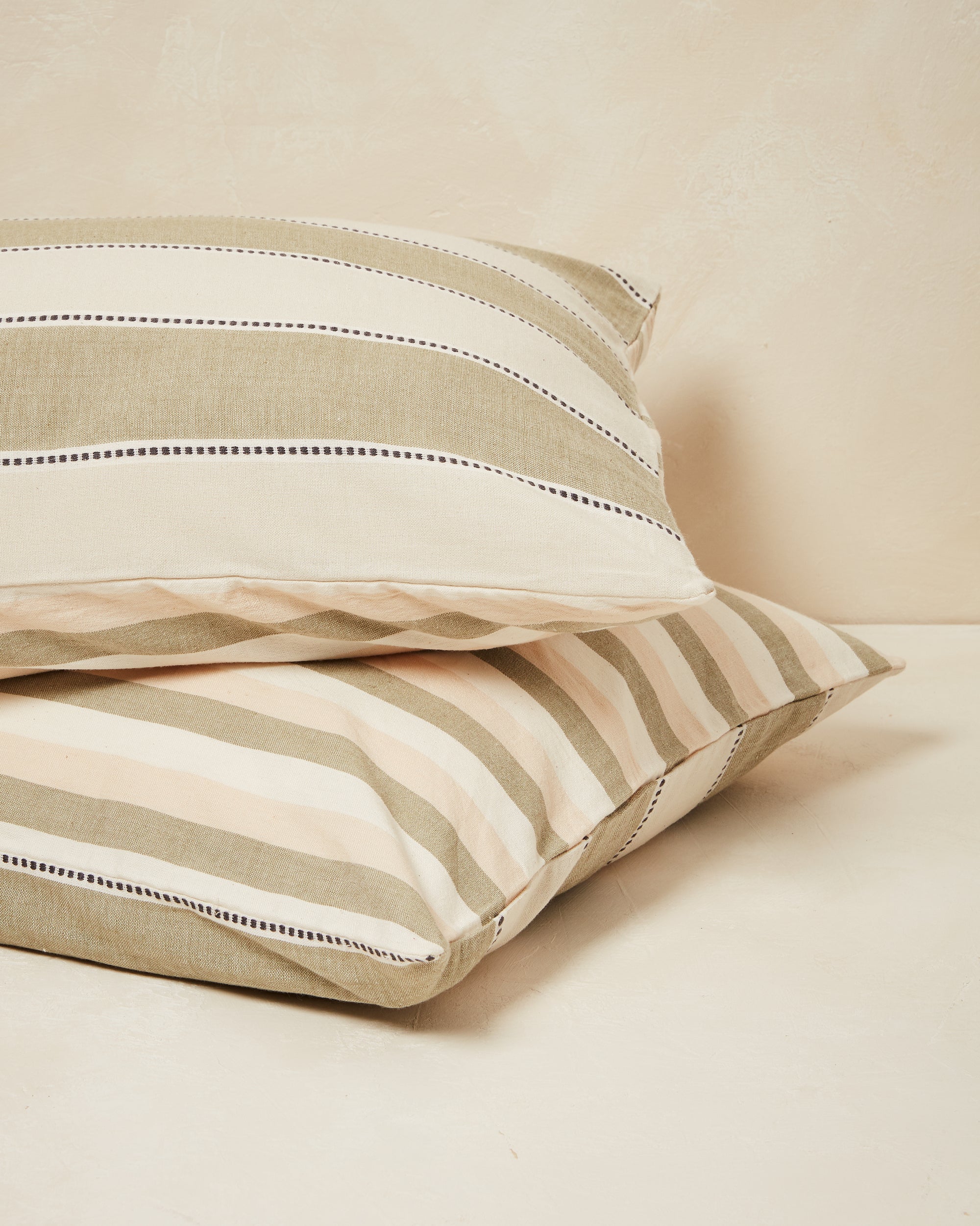 Ethically handwoven oeko-tex certified cotton MINNA pillowcases, cream and sage green stripes