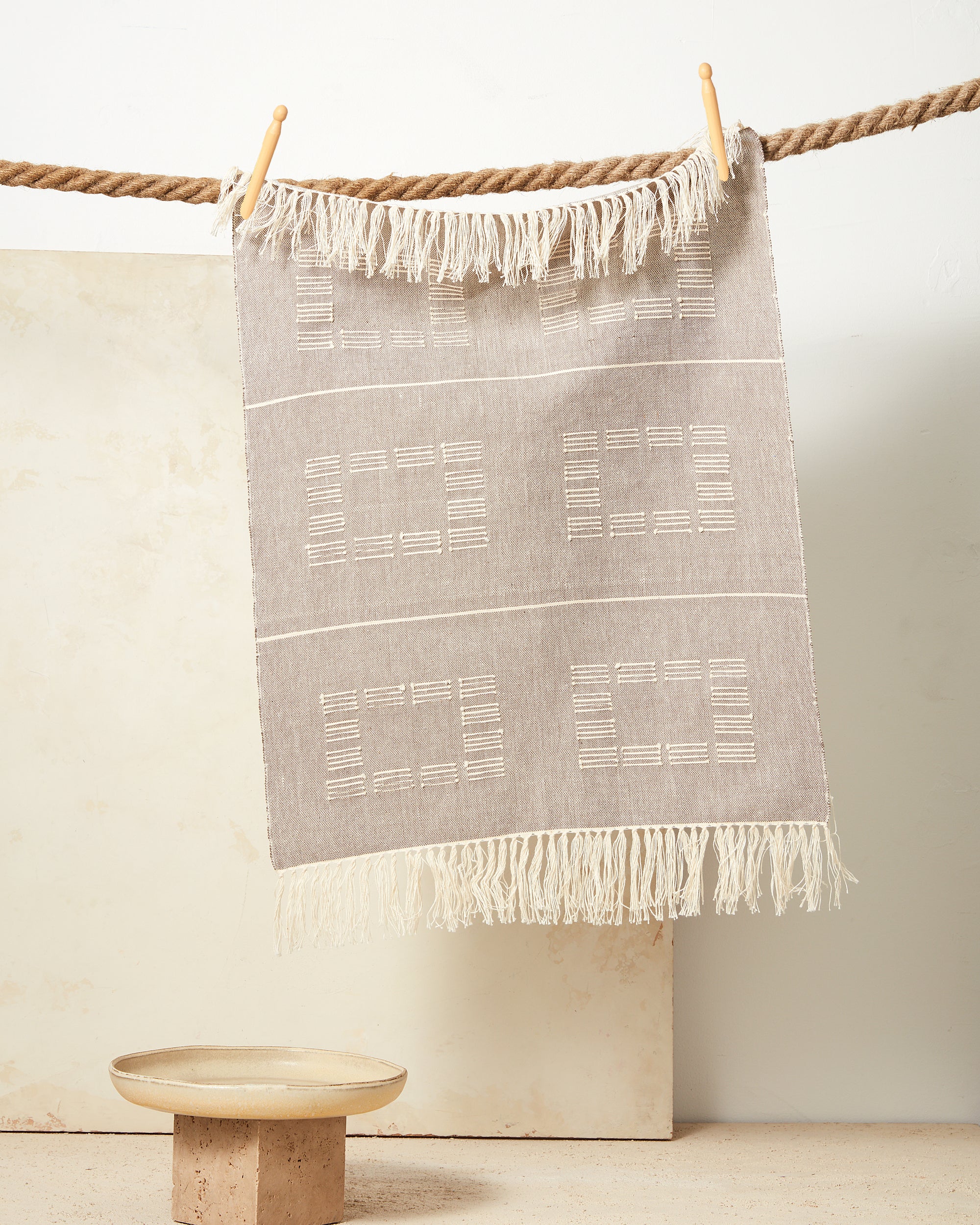 Ethically handwoven tea towel 100% cotton beige with cream shapes