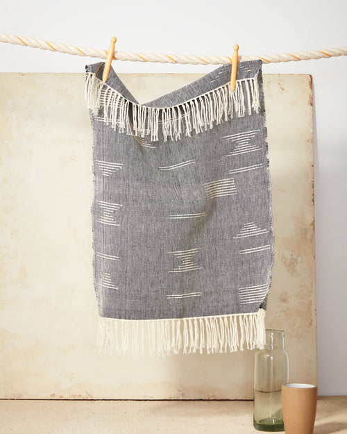 ethically handwoven blue MINNA tea towel with white shapes