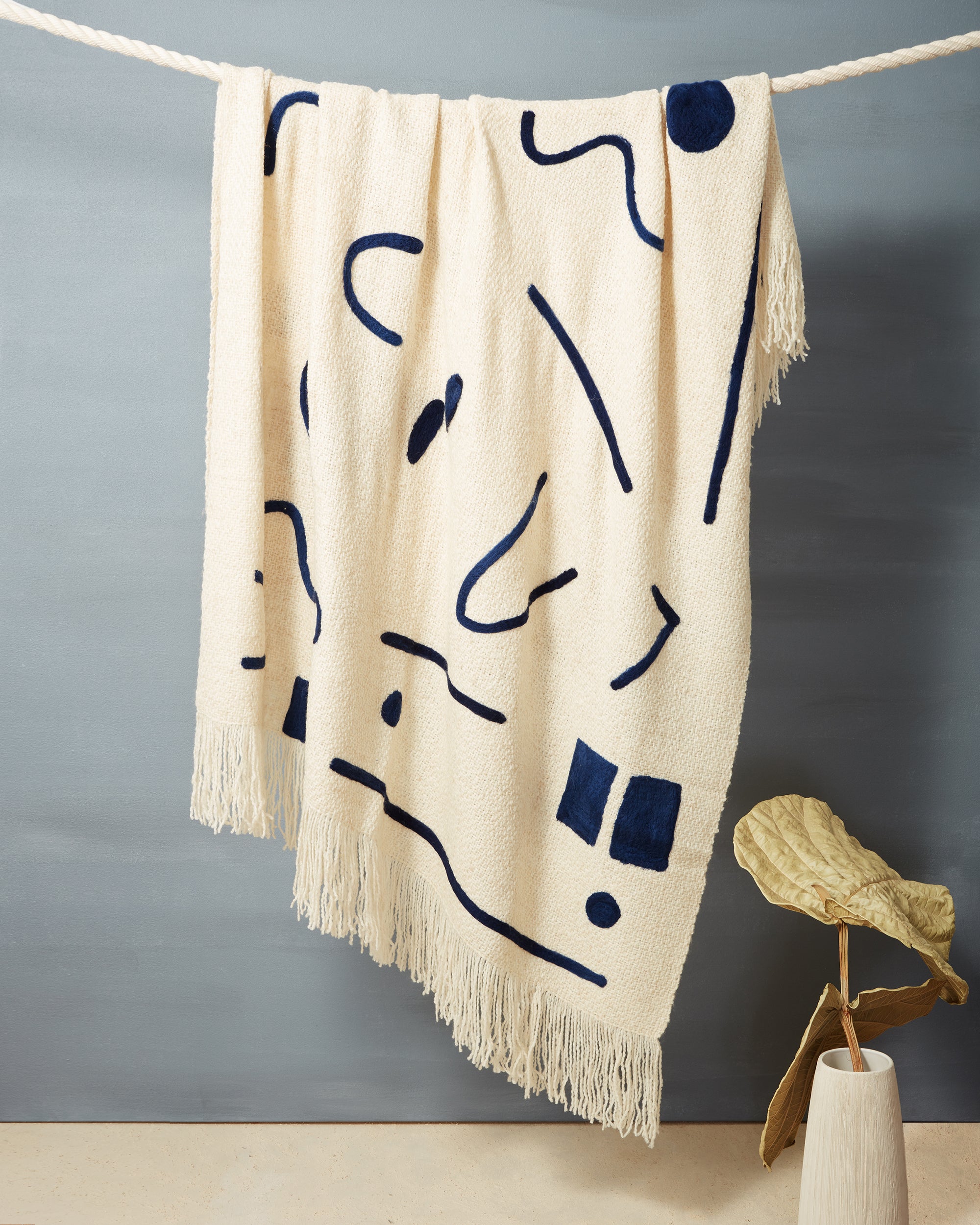 Ethically Handwoven Abstract Throw merino wool with patterns blue and cream