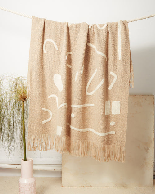 Ethically Handwoven Abstract Throw merino wool with patterns oat and cream