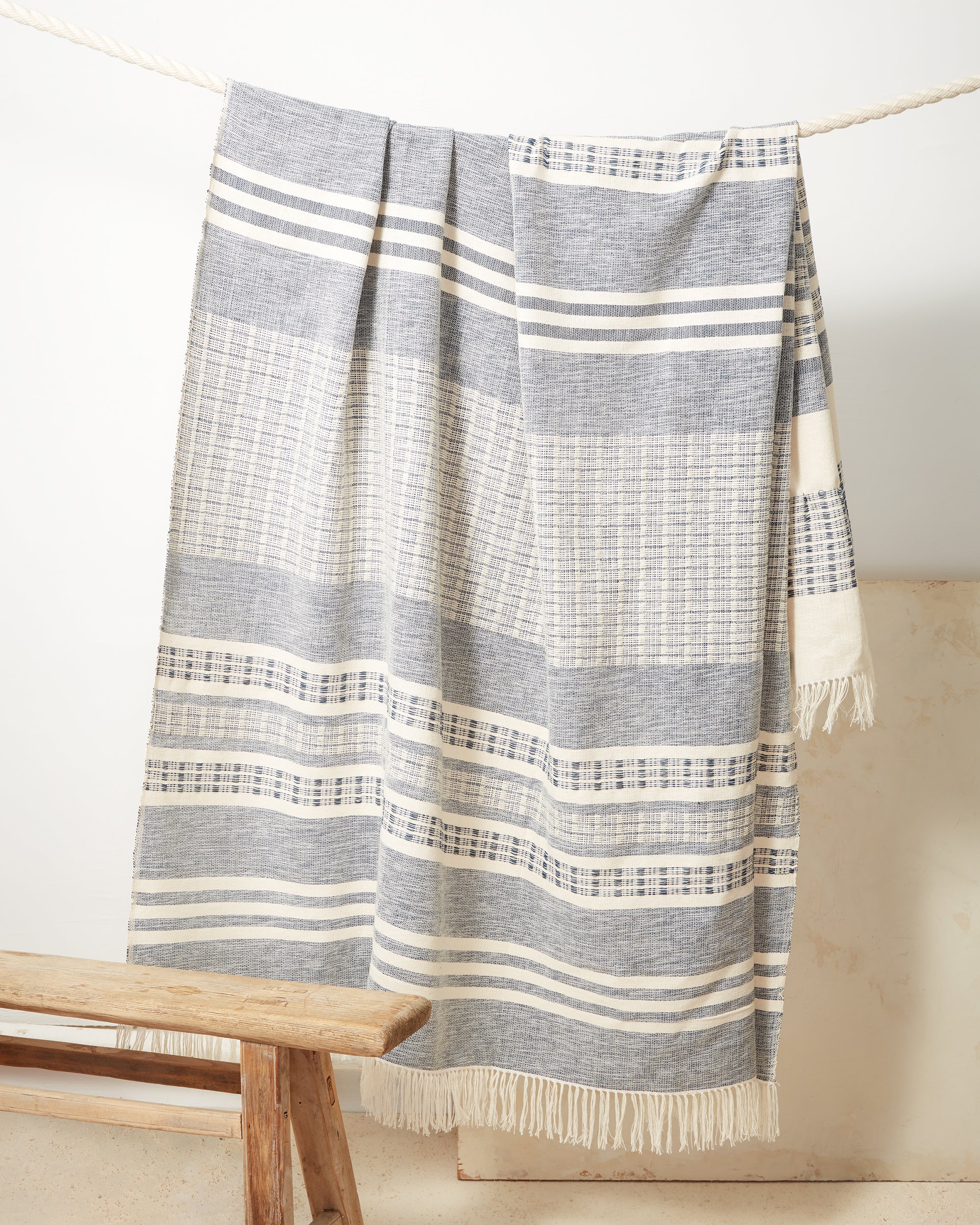 Ethically handwoven cotton throw blanket, picnic blanket, blue and white