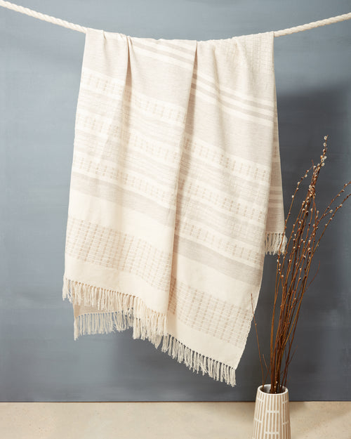 Ethically handwoven cotton throw blanket, picnic blanket, cream and white